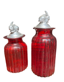 Pair of Red Glass Jars With Silver Bunny Lids