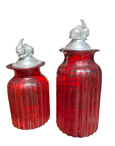Pair of Red Glass Jars With Silver Bunny Lids