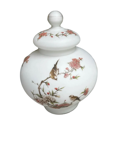 Italian Opaque White Birds and Floral Vase With Lid
