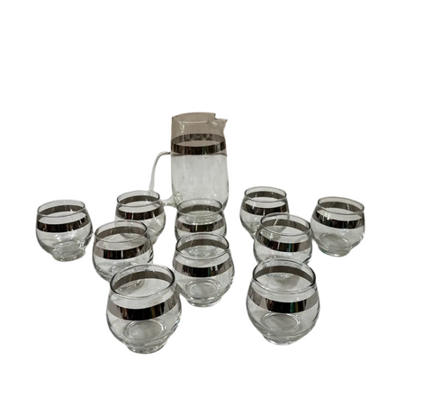 1970s Collection of Small Glasses and Matching Pitcher With Silver Accents- Set of 11