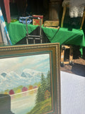 Gold and Green Framed Riverside Painting With Colorful Foliage and Mountains