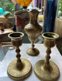 Brass Trio of Desk Accessories Candleholders and Vase