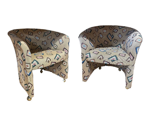 Pair of Fun Design Covered Tan Chairs on Wheels- Missing 1 Wheel
