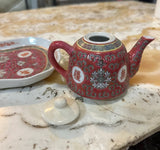 Miniature Set of Vintage Asian Ceramic Cups, Teapot, and Tray- 5 Pieces Total