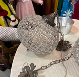 Pair of Round Hollywood Regency Crystal and Bronze Pendant Chandeliers