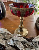 1970s Handblown, Red Glass and Brass Tall Chalice