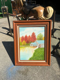 Watermill and Colorful Foliage Landscape Painting on Canvas, Signed by the Artist, Framed