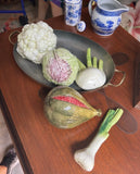 Vintage Ceramic Vegetable and Metal Basket Set