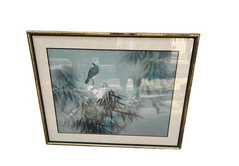 Signed Painting of Bird and Foliage in Gold Bamboo Frame