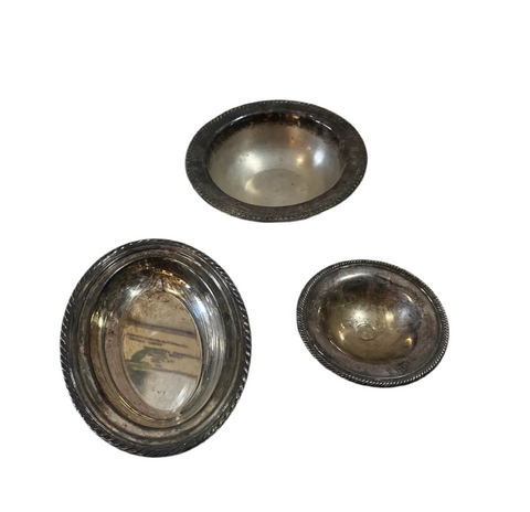 Trio of Silver Serving Bowls and Tray With Etched Rims