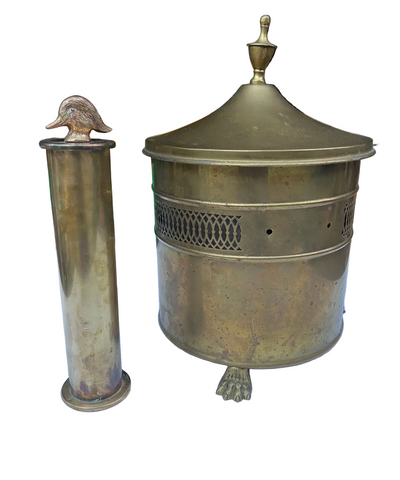 Vintage Footed Pierced Brass Coal Scuttle Bucket and Tall Duck Matchstick Holder