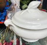 Large White Ceramic Serving Bowl With Matching Lid in a Nautical Style