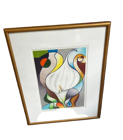 Vintage Framed Abstract Floral Drawing, Signed by the Artist