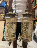 Pair of Glass Pendant Lights With Floral and Brass Accents