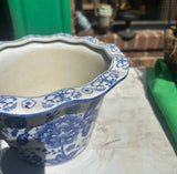1970s Blue and White Floral Ceramic Planter
