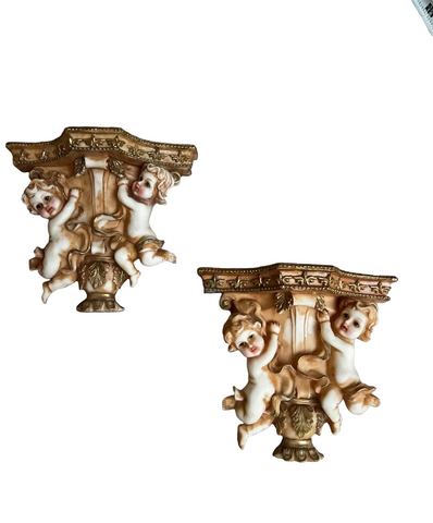 Pair of Cherub Resin Wall Brackets/Sconces With Gold Accents