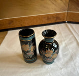 Miniature Vintage Pair of Black Ceramic Asian Style Vases With Floral Accents