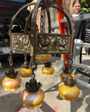 Vintage Heavy Brass Detailed Chandelier With Stained Glass Accents
