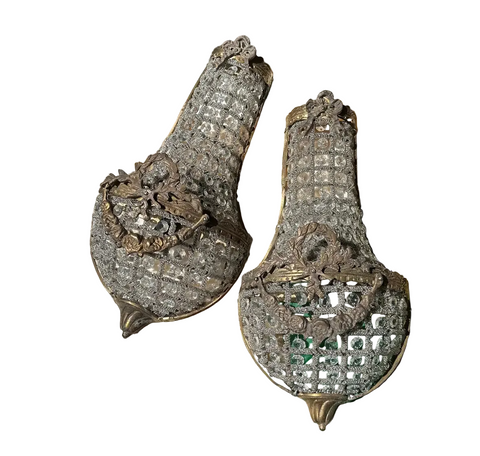 Vintage Gold Metal and Crystal Small Basket Style Wall Sconces