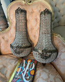 Pair of Vintage Dark Bronze and Crystal Wall Sconces