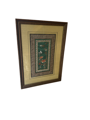 Hand Embroidered Silk Green, Bamboo, Framed Work of Art