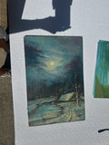 Winter Night and Cabin Painting on Canvas