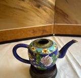 Vintage Blue Cloisonné Floral Teapot With Wooden Stand
