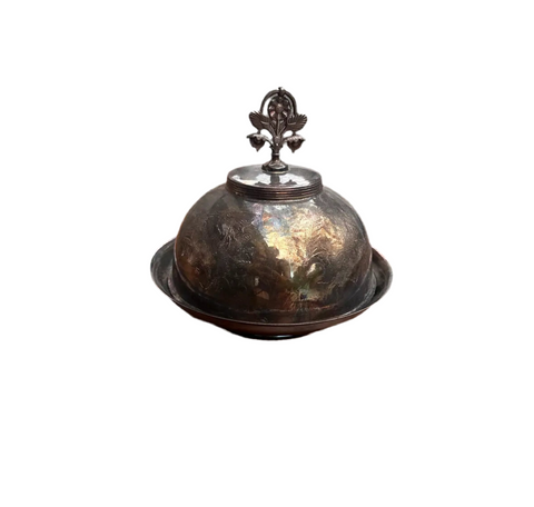 Silver Serving Tray and Decorative Dome With Floral Details