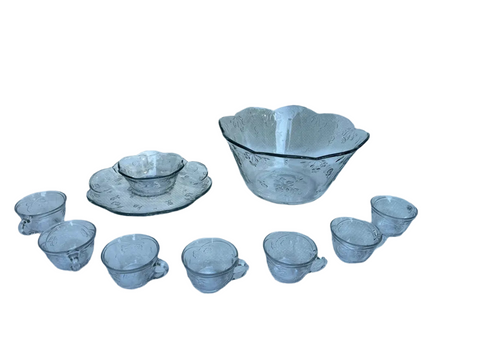 Collection of Glass Etched Punch Bowls and Cups With Matching Serving Tray and Bowl- Set of 10