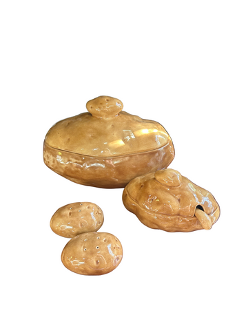 Vintage Ceramic Potato Dishes, Serving Bowls and Lids, Spoon, Salt and Pepper Shakers- set of 7