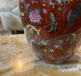 Vintage Ceramic Asian Red Detailed Vase With Floral Accents
