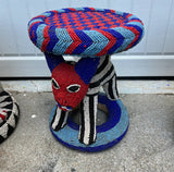 Red and Blue Wooden Hand Beaded African Stool