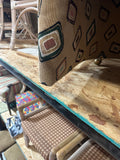 Pair of Fun Design Covered Tan Chairs on Wheels- Missing 1 Wheel