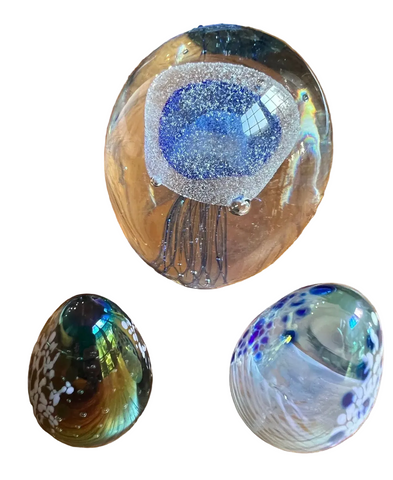 Trio of Blue Glass Vintage Paperweights