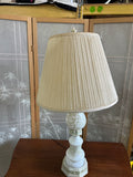 Vintage White Ceramic Table Lamp with Green Floral Accents and Lampshade