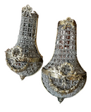 Pair of Small Gold French Basket Crystal Sconces