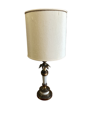 Vintage Brass and White Acanthus Table Lamp with Shade and Pineapple Details
