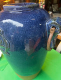 Oversized Blue Ceramic Vase With Metal Ears