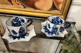 Collection of Blue and White Floral Teacups, Saucers, and Spoons- Set of 7