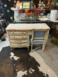Vintage Regency White Wooden Desk With Gold Accents and Matching Chair- Needs Reupholstery