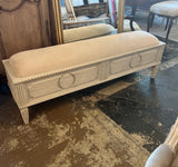 Vintage White Wooden Detailed Carved Bench With Cushion