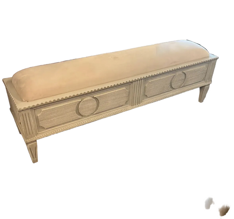 Vintage White Wooden Detailed Carved Bench With Cushion