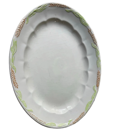 1970s White Ceramic Oval Platter With Wheat Details on Rim