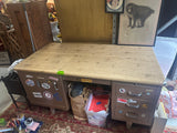 Vintage Industrial Metal Desk With Wooden Top- Stickers Included