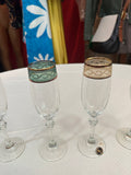 Beautiful Collection of Italian Cristalleria Fumo Handmade Champagne Glasses With Gold and Multi Colored Rims