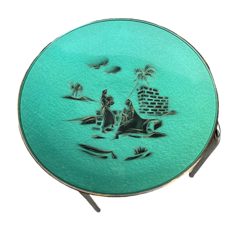 Large Vintage Asian Teal Hand Painted Decorative Tray