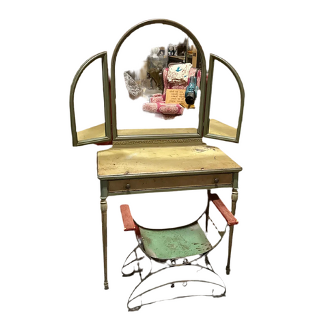Antique Green Metal Vanity With Matching Seat