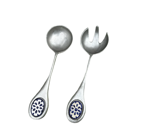 Pewter Pair of Serving Spoons With Ceramic Detail