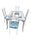 1970s White Wicker Dining Table With Metal Chairs and Blue Accent Cushions