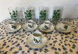 Collection of Vintage Mistletoe Glassware, Espresso Cups With Saucers